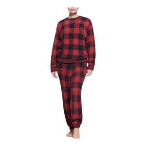 SKIMS Cozy Knit Unisex Lounge Set - Brick Buffalo Check Size S/M Red Black